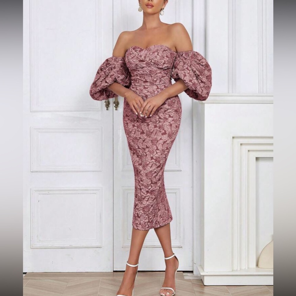 Luxe dusty pink floral jacquard off shoulder party formal evening dress